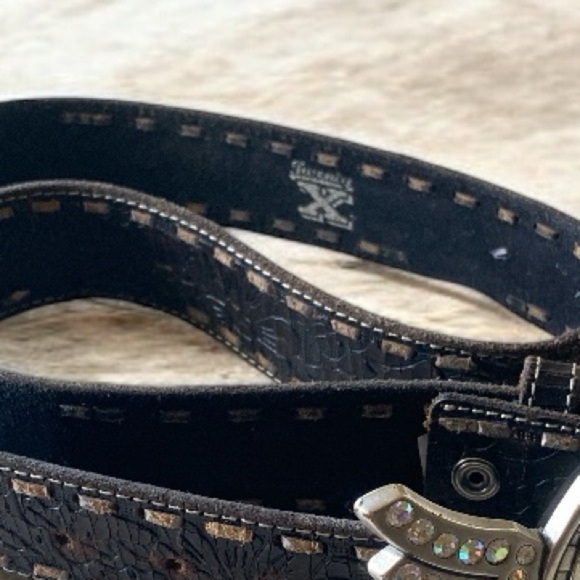 Vintage Etched Leather Rhinestone Horseshoe Black Belt w/Detachable Hardware XL - Picture 5 of 10